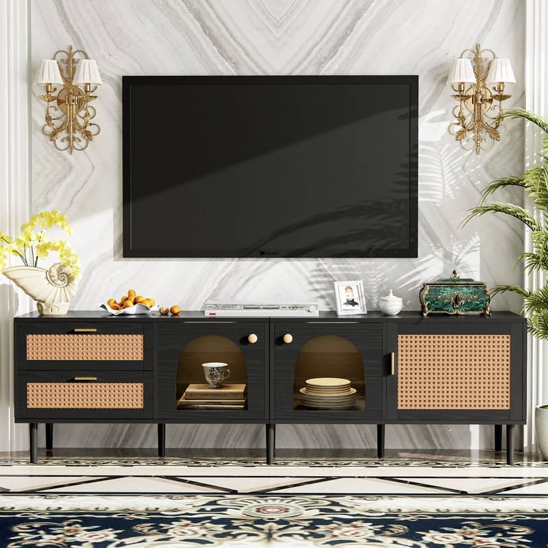 Rattan TV Stand with 3 Cabinets & 2 Drawers, for TVs up to 80"