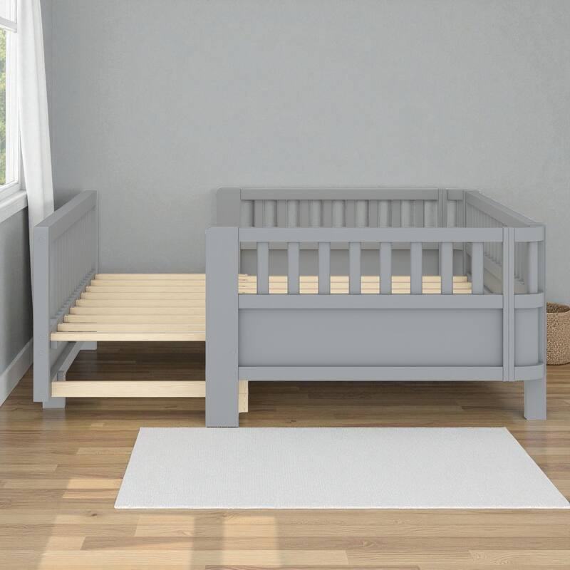 Convertible Twin/Twin XL Solid Wood Platform Bed with Guardrails, Expands to Double Twin or Queen Size, Durable Frame