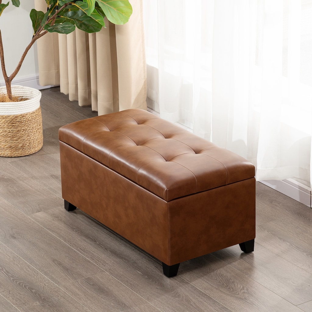 Adeco 31" Faux Leather Tufted Storage Ottoman Bench - 30.7"X15.5"X15.1"