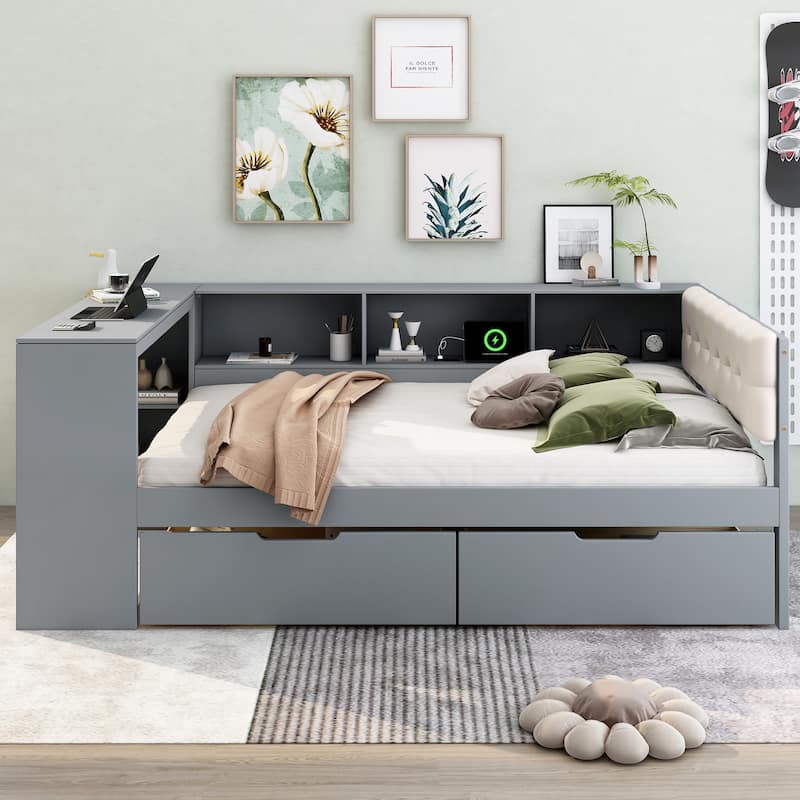 Roomfitters Twin/Full Wood Platform Bed with Upholstered Headboard, Storage Shelves and Charging Station