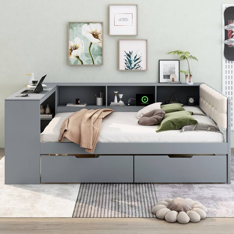 Wood Platform Bed Twin/Full Cream Gray Linen Headboard 2 Drawers Charging Station