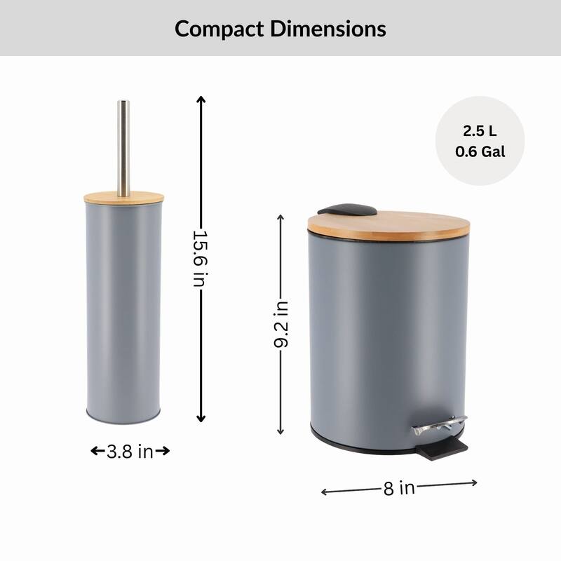 Bathroom Set with Bamboo Lid - Matte Metal Trash Can and Toilet Brush - 15.6" H x 11" L x 11" W