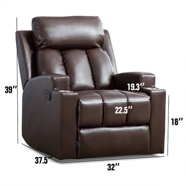 dimension image slide 2 of 4, Manual Recliner Massage and Heating Chair Sofa with 2 Cup Holders Breathable Fabric