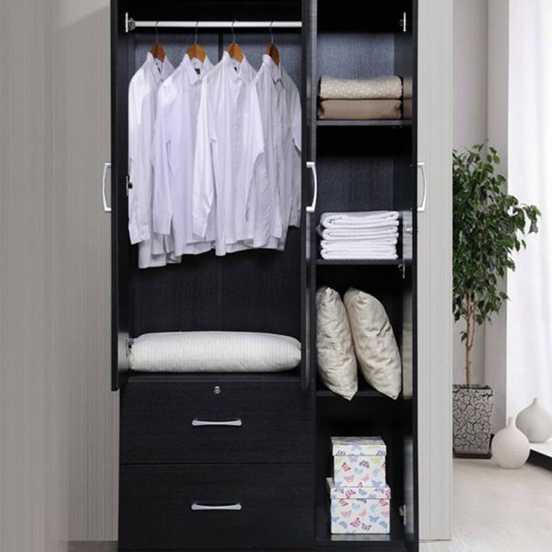 Hodedah Import 3 Door Armoire with Clothing Rod, Shelves, and 2 Drawers, Black - 187