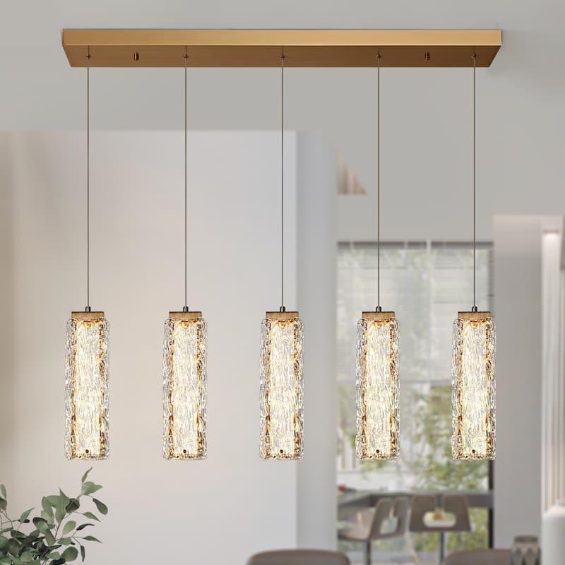 Modern Gold 5-Light LED Crystal Chandelier Glam Island Lights for Kitchen Island - W 39.3" x H 73.3"Max