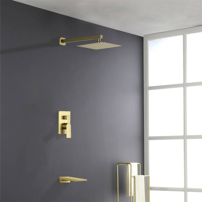 10 Inch Wall Mount Shower System with Waterfall Tub Spout Modern Rainfall Tub Shower Faucet With Rough-in Valve - Brushed Gold