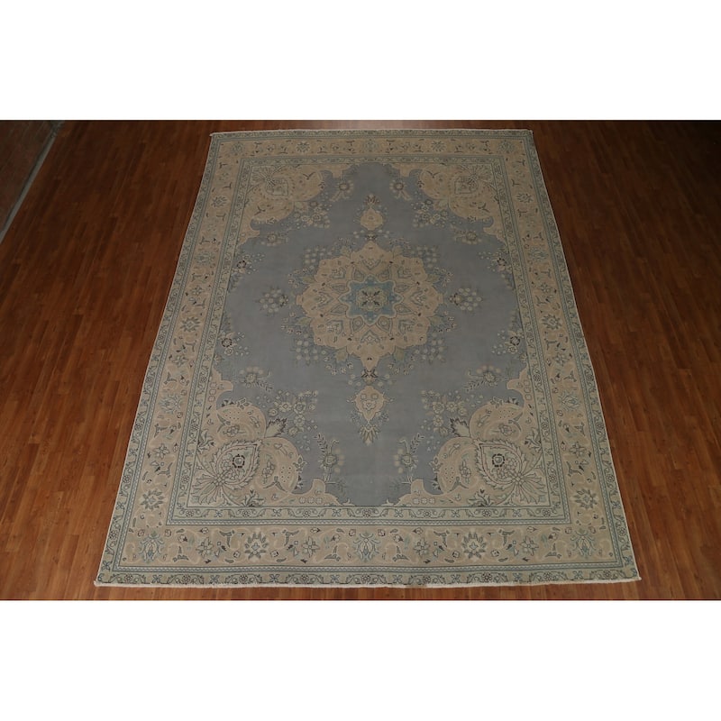 Vintage Distressed Grey Tabriz Persian Area Rug Wool Handmade Carpet ...
