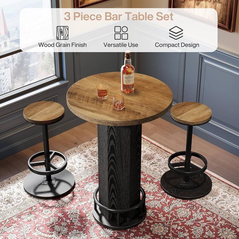 Round Bar Table with Chairs, Industrial Bistro Sets with 2 barstools