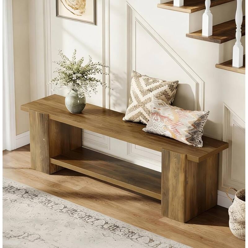 63 Inch Long Wooden Entryway Bench, End of Bed Bench with Storage Shelf - 13.39" D x 62.6" W x 17.32" H - Brown