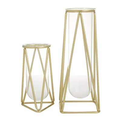 Glass Tube Decorative Vase with Metal Stand - Set of 2 Gold or Black - Roche River Decor