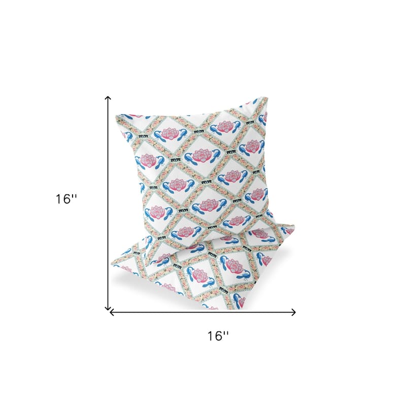 HomeRoots Set of Two 16" X 16" Blue and White Peacock Blown Seam Floral Indoor Outdoor Throw Pillow - 16.00' X '16.00' X '5.00