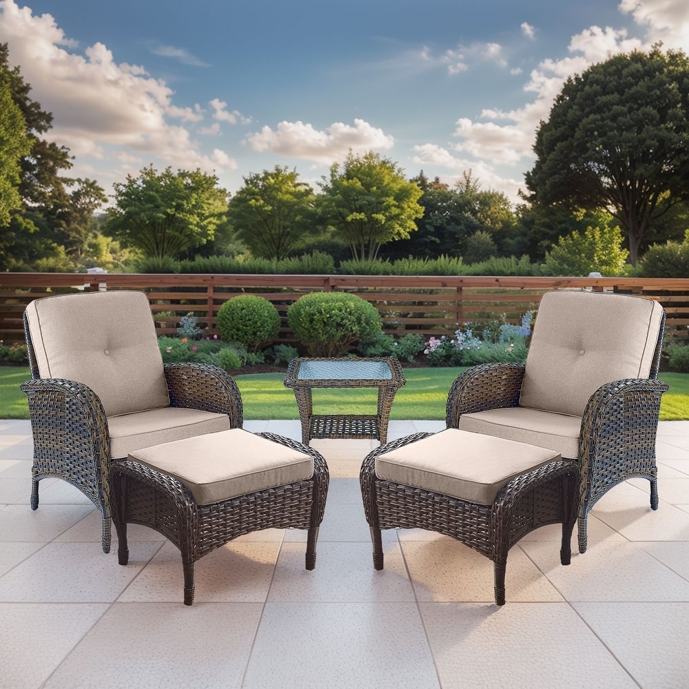 Gymojoy 5-Piece Outdoor Wicker Patio Chair Ottoman Set, Rattan Coversation Set with Water Resistant Cushions