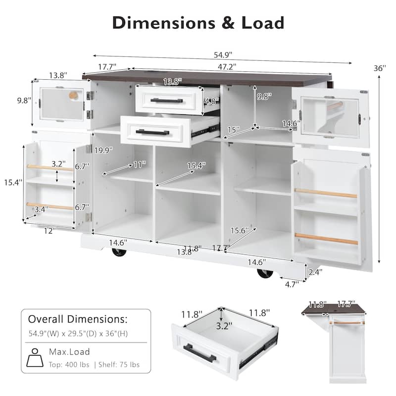54.9" Kitchen Island with Drop Leaf, Power Outlet, Kitchen Storage Cart with 4 Door Shelves,Cross Barn Doors & Visual Glass Door