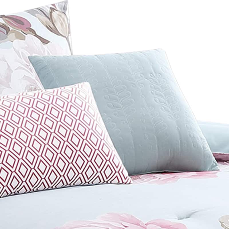 Queen Size 7 Piece Fabric Comforter Set with Floral Prints, Multicolor