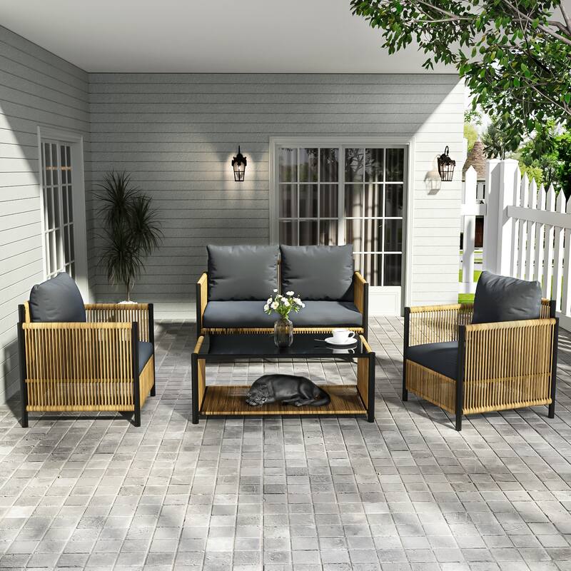 4-Piece Outdoor PE Wicker Sofa Set, All Weather Patio Conversation Furniture Set with Removable Cushions and Coffee Table - Black Brown