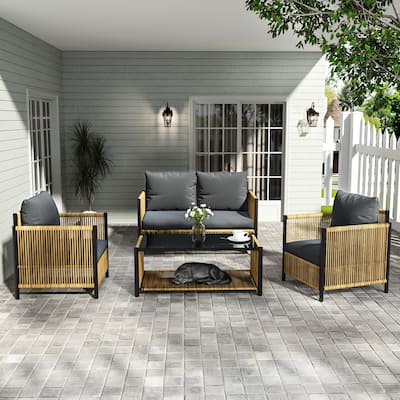 4-Piece Outdoor PE Wicker Sofa Set, All Weather Patio Conversation Furniture Set with Removable Cushions and Coffee Table