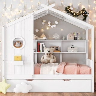 Full Size House Bed with Trundle and Storage Shelf