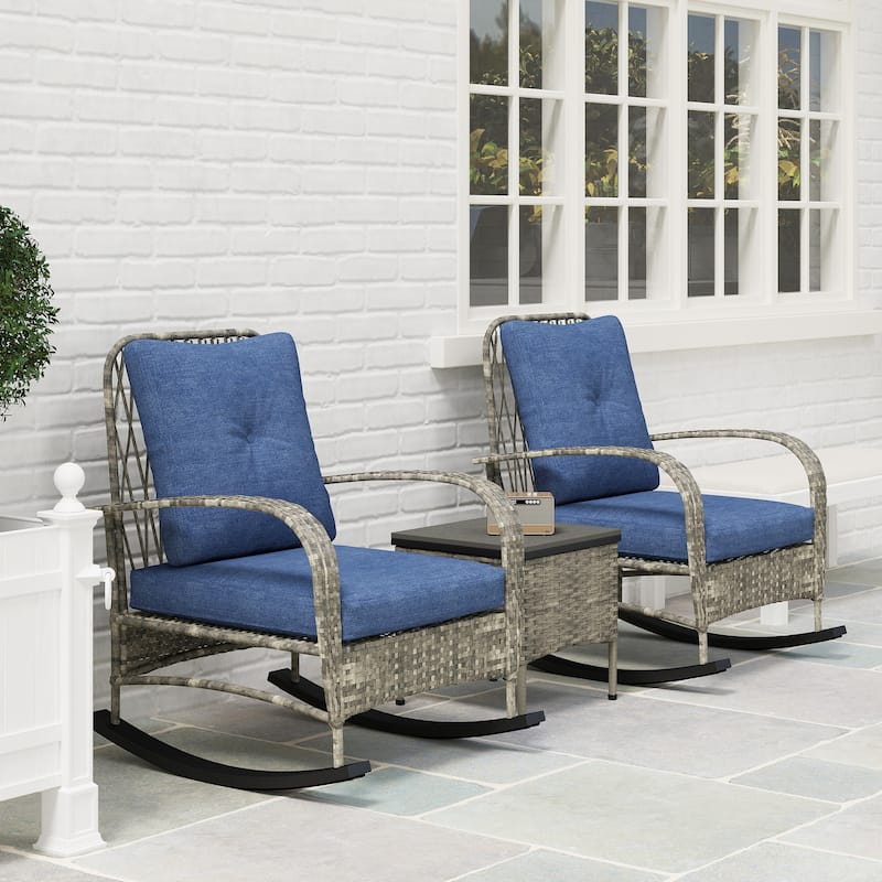 3-Piece Garden Furniture Set with Tufted Cushions Rocking Chairs and Table for Patio - Chair-29.3" W x 33.1" D x 39" H