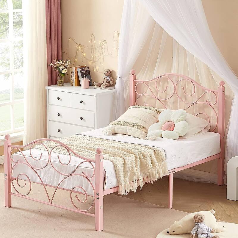 Javlergo 2-Pack Twin Size Victorian Metal Bed Frame for Kids with Headboard & Footboard No Box Spring Needed