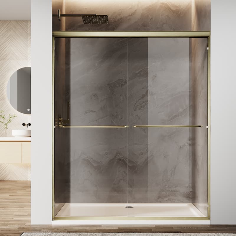 Elegant Double Sliding Shower Door Brushed Gold Finish Framed with 1/4 inch Clear Tempered Glass - 48"x72"