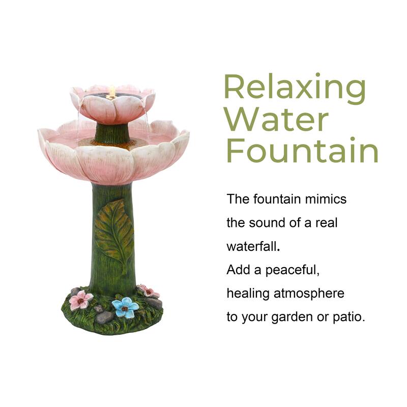 Solar Powered Pink Flower 2-Tier Resin Birdbath Fountain with Lights
