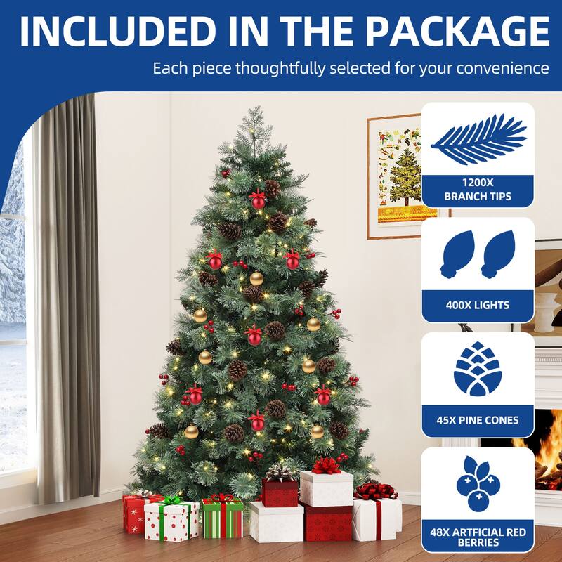 7.5ft Prelit Artificial Carolina Pine Christmas Tree with Remote, Green Artificial Hinged Christmas Tree w/ 1200 Mixed Tips