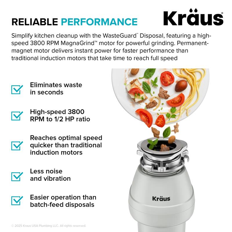 KRAUS WasteGuard Continuous Feed Garbage Disposal for Kitchen Sinks