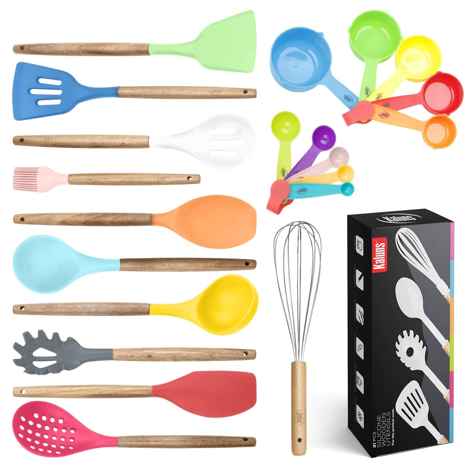  Kinfayv Silicone Cooking Utensils Kitchen Utensil Set, 21 PCS  Wooden Handle Nontoxic BPA Free Silicone Spoon Spatula Turner Tongs Kitchen  Gadgets Utensil Set for Nonstick Cookware with Holder (Khaki) : Home