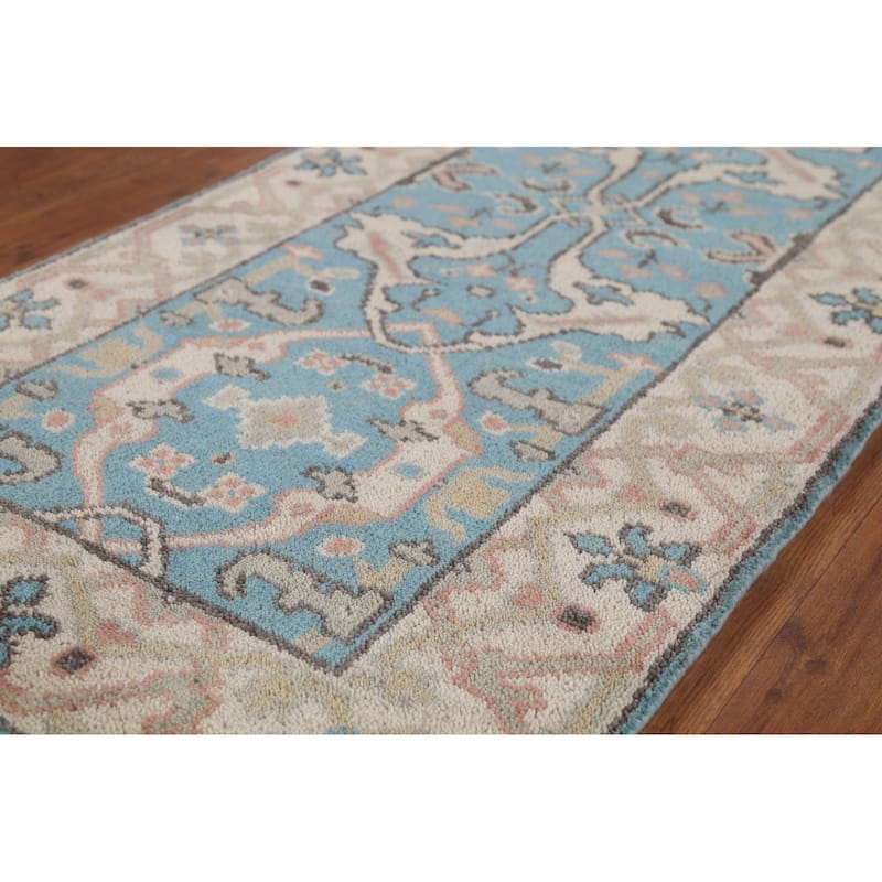 Light Blue Oushak Oriental Runner Rug Handmade Wool Carpet - 2'7"x 9'10"