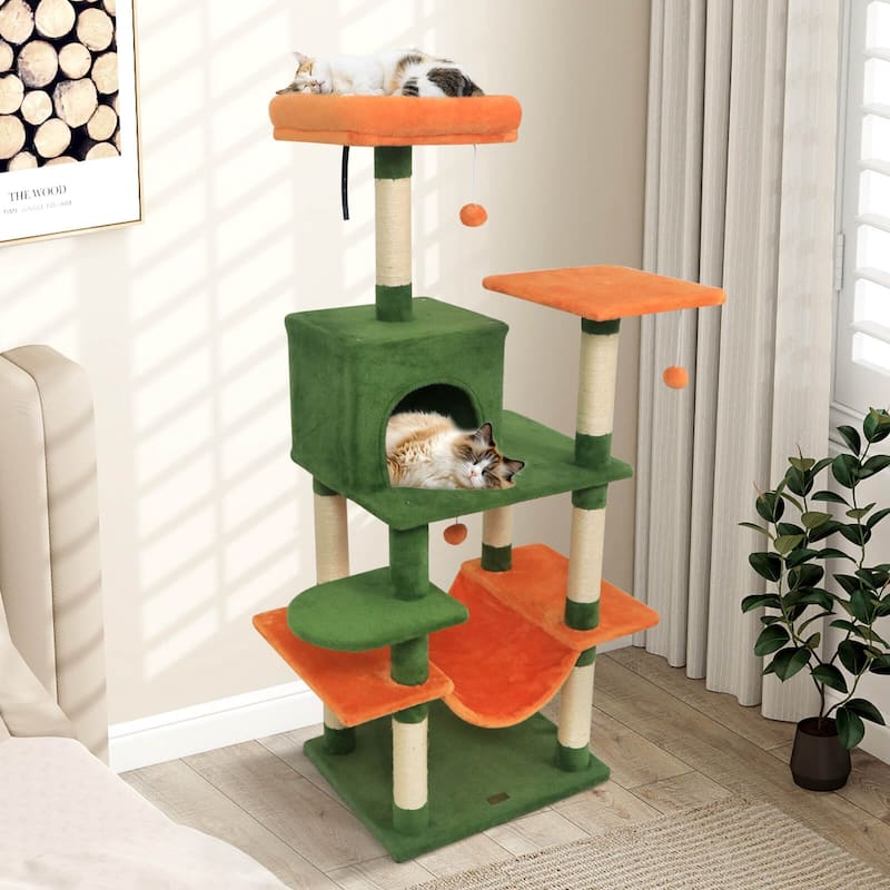 Costway 58” Tall Multi-level Cat Tree with Upholstered Perch & Cat - See Details - Green+Orange