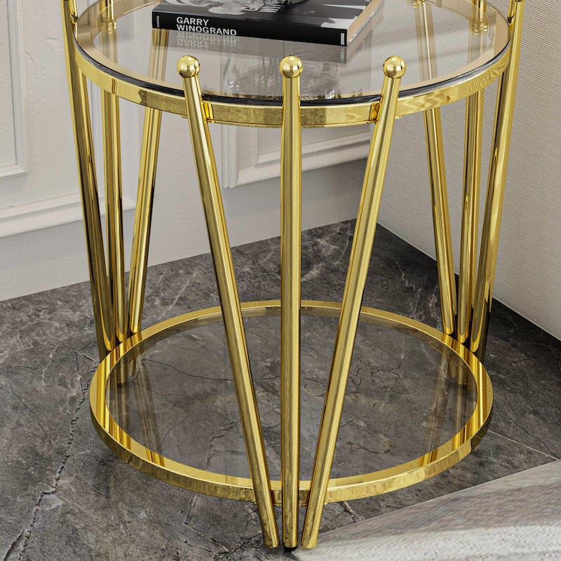 Modern Gold Round End Table with Tempered Glass Top & Crown Design for Living Room