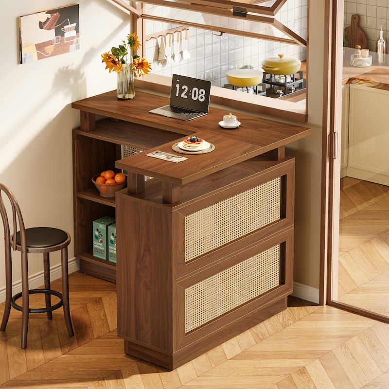 Rattan L Shaped Bar Table with 4-Tier Storage Shelf - Brown