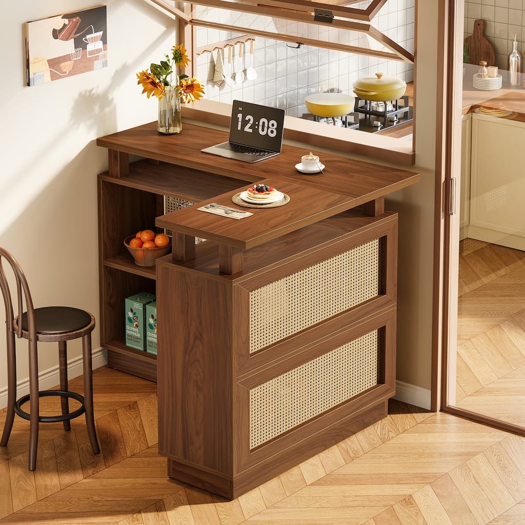 Rattan L Shaped Bar Table with 4-Tier Storage Shelf