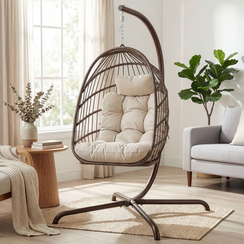 Oversized 1-Person Foldable Hanging Egg Chair - Wicker Swing Chair with Stand, Portable for Indoor Outdoor Patio