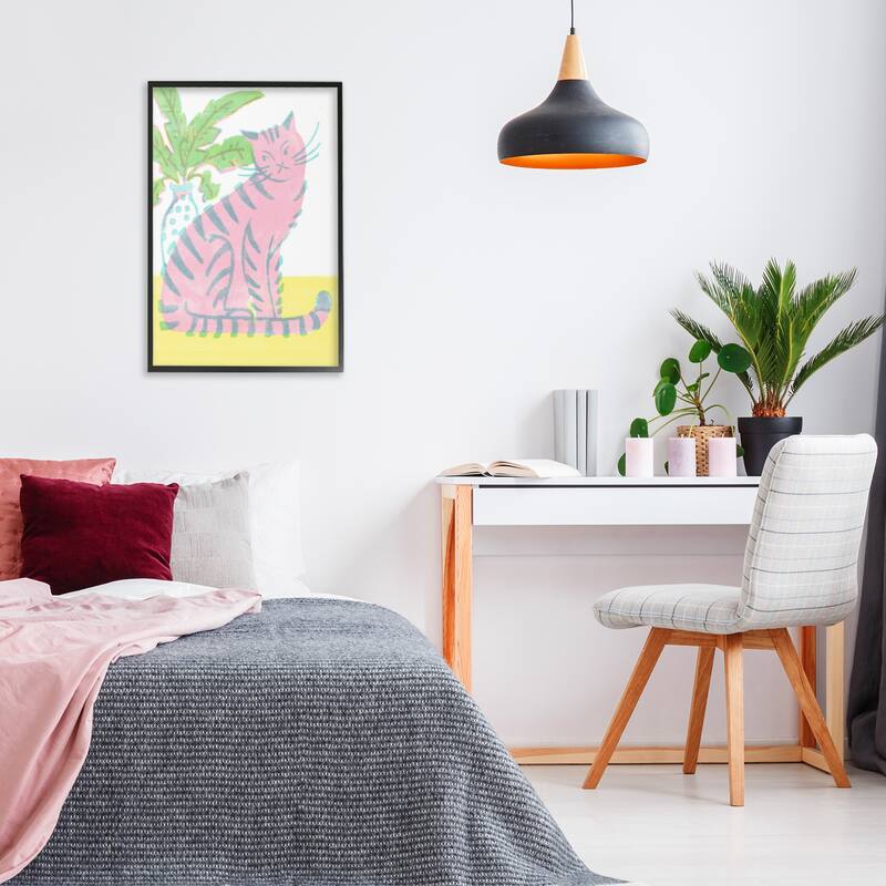 Stupell Modern Pink Cat & Plant Framed Giclee Art Design By Hannah Moren