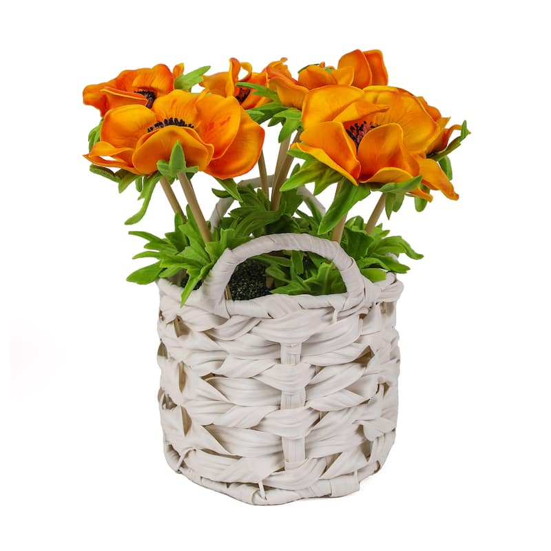 National Tree Company 10 in. Orange Anemone Flower Bouquet in White Basket - 10 in