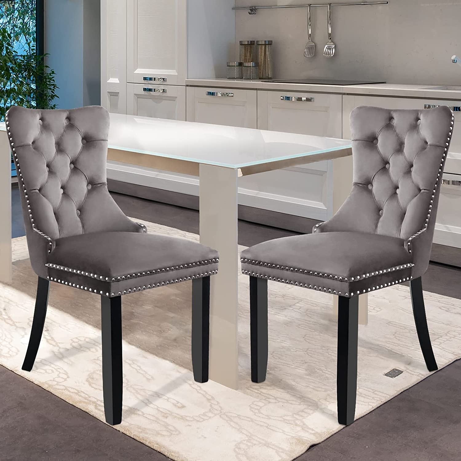 Grey tufted dining chairs with nailheads 2025