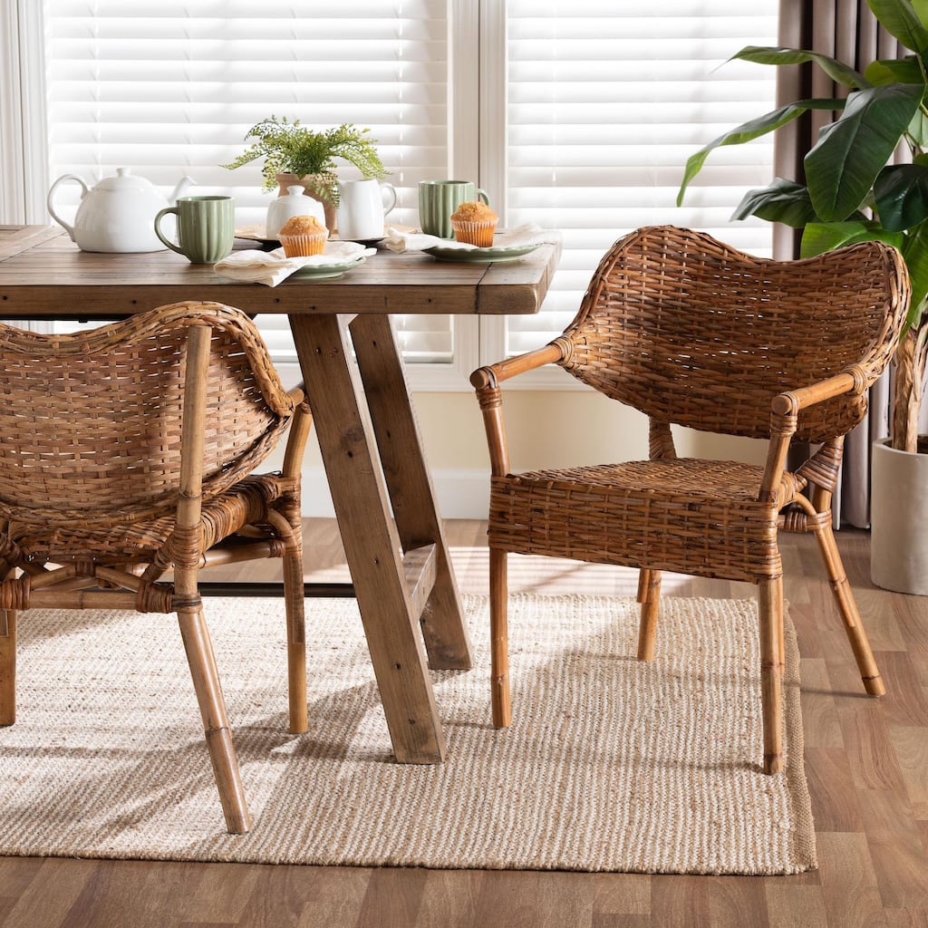 Tara Natural Rattan Dining Chair - Handwoven Wicker Armchair with Curved Backrest, Boho Coastal Seating