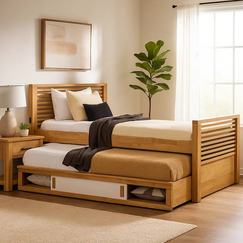 Dilu Full Size Captain Bed with Storage Trundle, Light Oak Brown