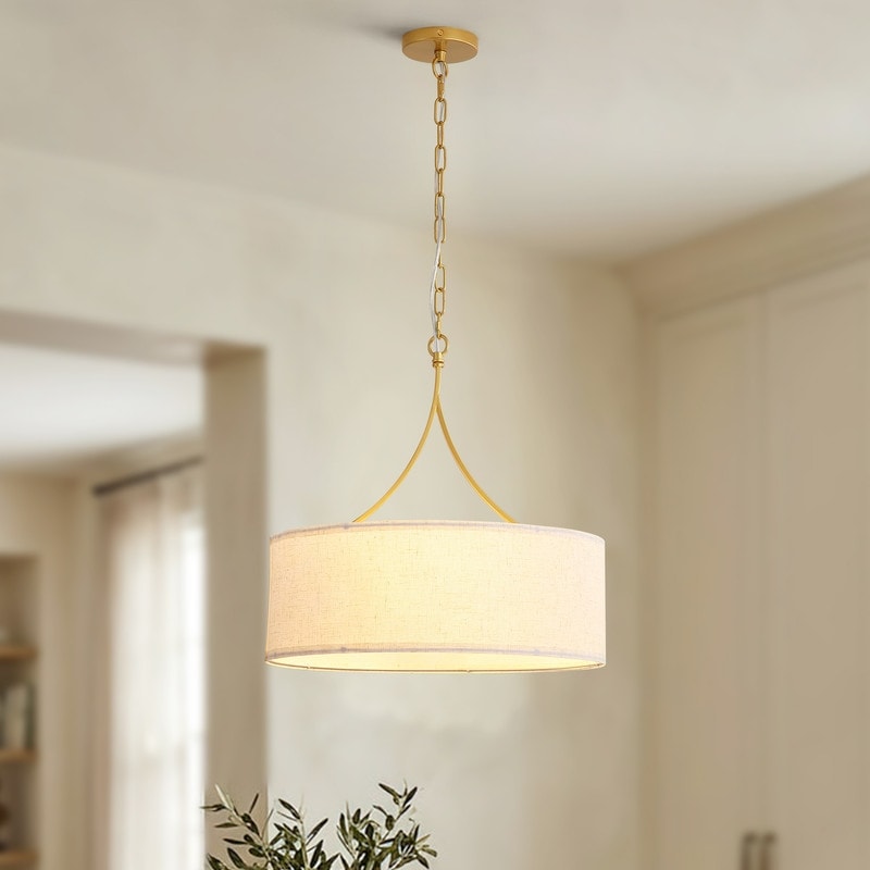 3-Light Drum Pendant Light, 19.7" Modern Dining Room Chandelier Over Table, Adjustable Height Fabric Shade Ceiling Light Fixture