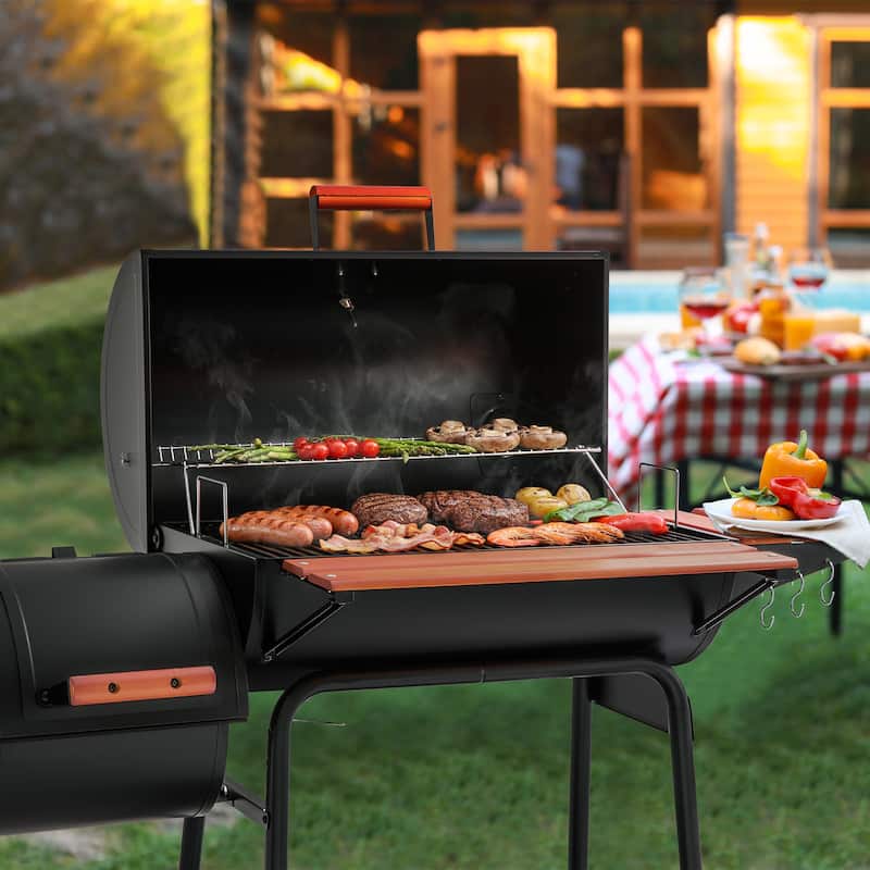 Royal Gourmet Charcoal Grill with Wood-Painted Side&Front Table