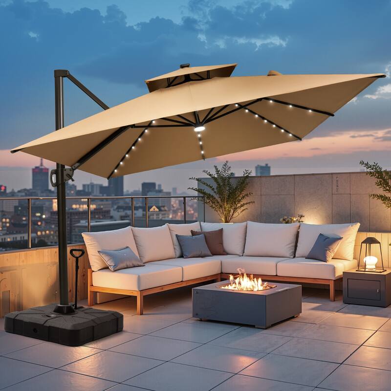 10 X 13 FT Outdoor Patio Cantilever Umbrella with Solar Lights Rod Wheel Base Double Canopy 360 Rotation Tilt - Tan