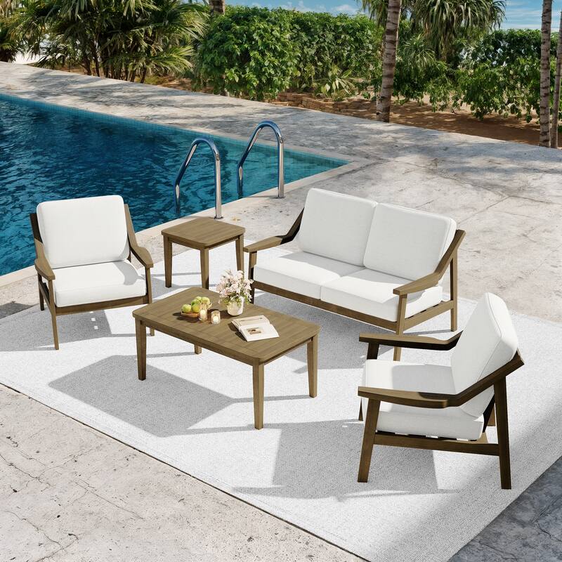 5-piece Adirondack Patio Teak Lounge Chairs Loveseat Conversation Set - NaturalFrame-Beige