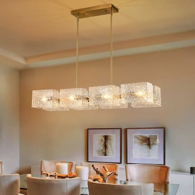 8-Light Farmhouse Modern Rectangle Gold Water Ripple Glass Chandeliers for Dining Room - W38.2"