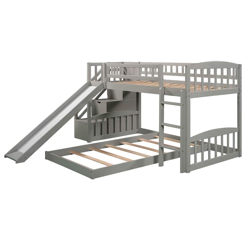 Roomfitters Stairway Twin Over Twin Bunk Bed with Slide and Storage Drawers, Gray