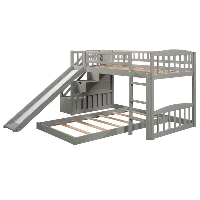 Twin over Twin Bunk Bed with Drawers, Slide, and Stairs, Gray