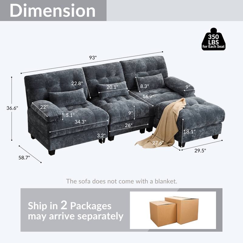 93" 3+1 Seater Sofa with Ottoman, Adjustable 4-Position Backrest, Soft Chenille Upholstery and 3 Pillows for Living Room