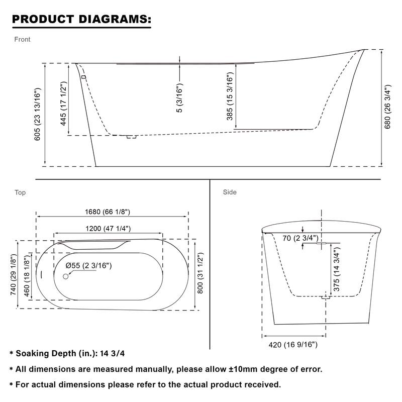 66'' W,73 GALLONS Freestanding Acrylic Soaking Bathtub With Drain And Overflow Holes