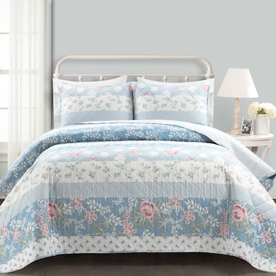 Lush Decor Cottage Core Flower Stripe Oversized Reversible Cotton Quilt 3Pc Set