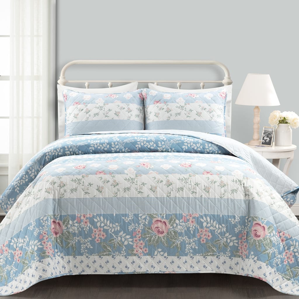 Lush Decor Cottage Core Flower Stripe Oversized Reversible Cotton Quilt 3Pc Set